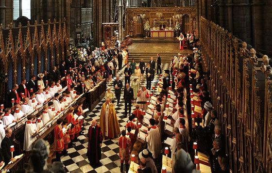 Queen Elizabeth II and Prince Philip leave Westminster Abbey led by the clergy after the service. They were followed by Prince Charles and The Duchess of Cornwall, then Prince William, the Duchess of Cambridge and Prince Harry, and finally Princesses Eugenie and Beatrice