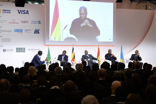 Heads of State (Presidents of Ghana, Rwanda and Uganda, HE John Dramani Mahama, Paul Kagame and Yoweri Museveni and the Prime Minister of TZ) at the Presidential Panel at TGAIS