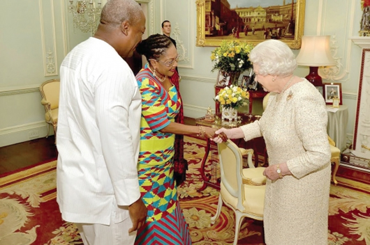The Queen welcoming Mrs Lordina Mahama to the Buckingham Palace yesterday. Looking on is President Mahama
